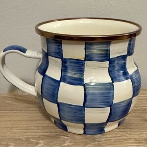 Mackenzie-Childs Blue and White Checkered Mug with Gold Rim 16oz